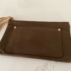 Massimo Dutti Clutch, bronze olive, brass colored hardware, butter soft leather